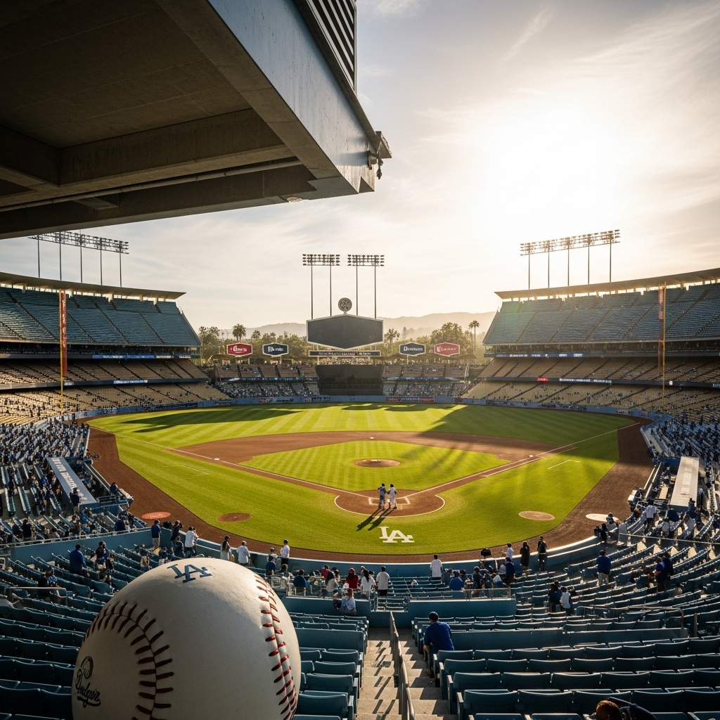 A breathtaking panoramic, cinematic view of Dodger Stadium during the 'Dodger Open Day 2026', bathe…