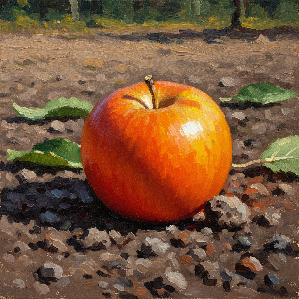 an orange colored apple in the the dirt