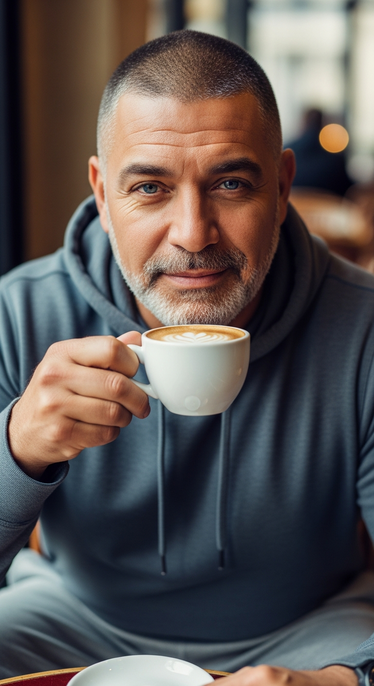 A Senior Male of Latina/Latino, having Curvy build, Average upper body, Average lower body, Average…