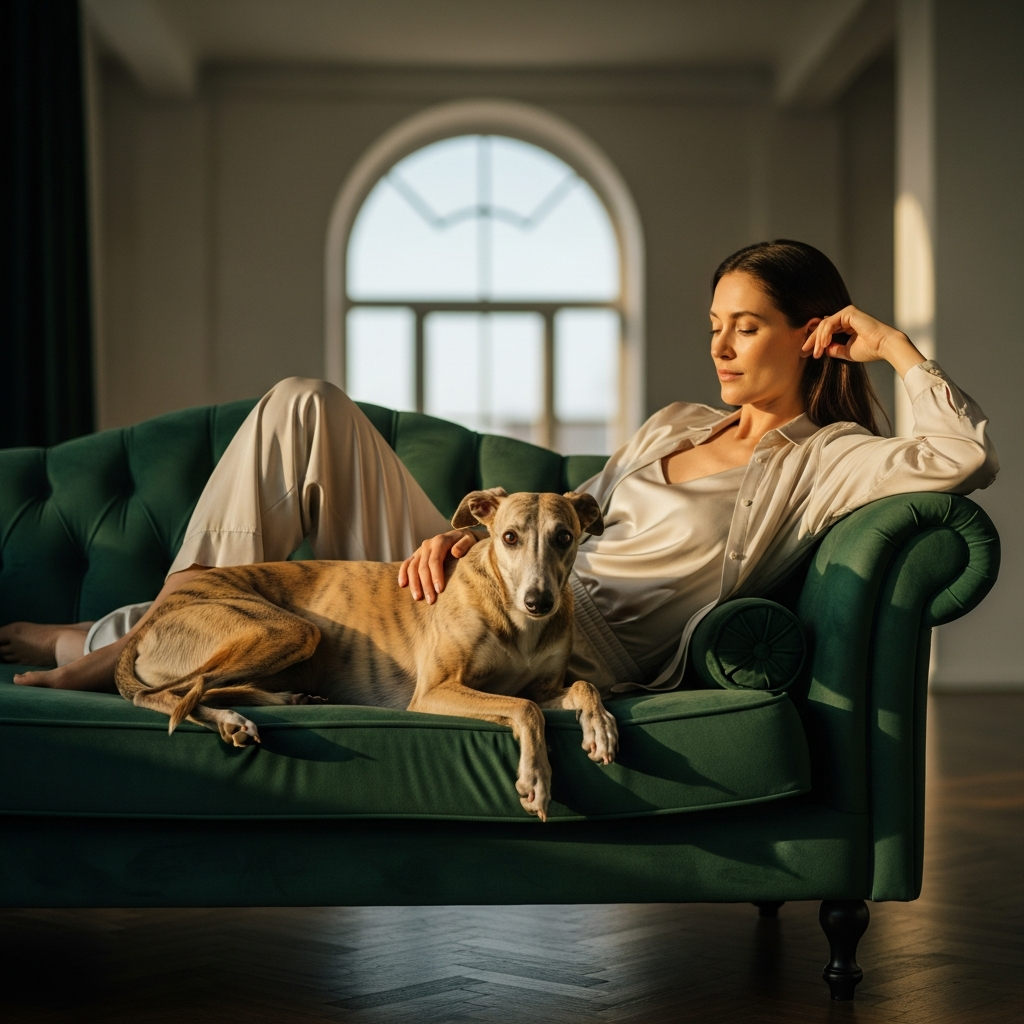 Cinematic portraiture featuring Onyx_2931, a style icon, gracefully reclining on a plush, emerald g…