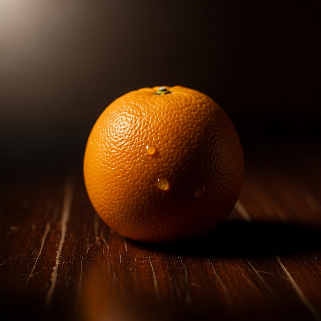 A single, exquisitely ripe navel orange, artfully positioned slightly off-center on a darkly polish…