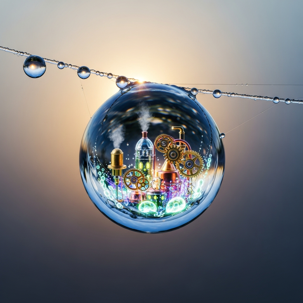 Extreme macro photograph: A pristine, perfectly spherical dewdrop clinging to an impossibly fine, g…